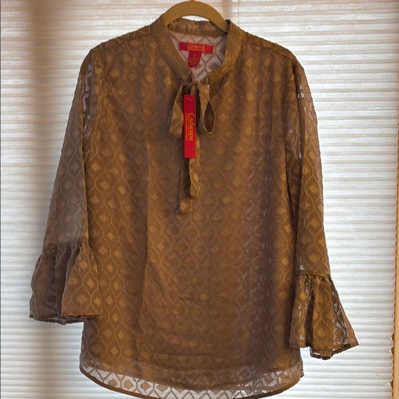 NWT Catherine Malandrino Brown Tan Blouse with Bell Sleeves and Tie Front lined - Picture 1 of 4